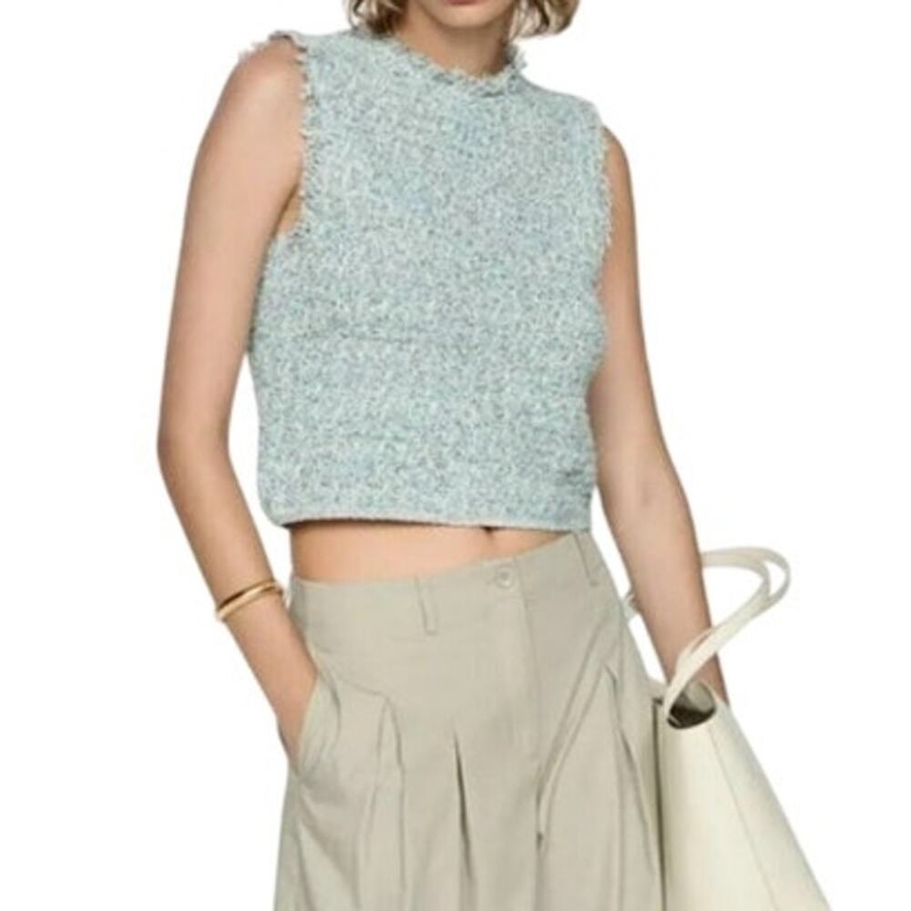 MNG Women's Tweed Top Fringe Hem Sleeveless Cropped Blue Size S NWT Officecore